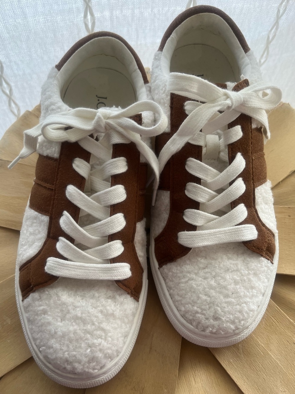 J. Crew White Sherpa stripped road trip Rubber Sole Sneakers (Size 7.5)